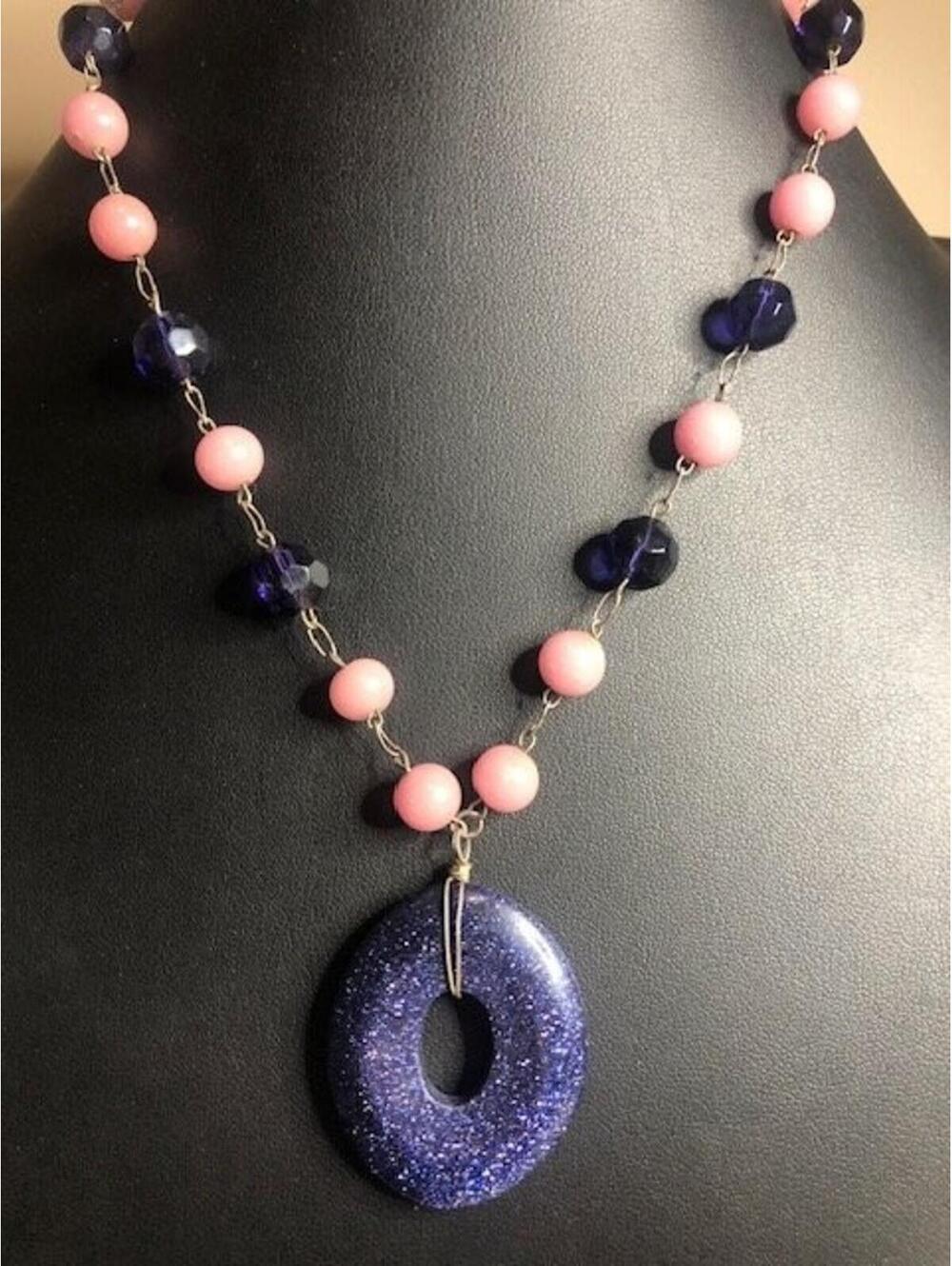 B2069 Blue Goldstone Pendant Necklace Pink   Bead sterling (unmarked) Toggle 17"